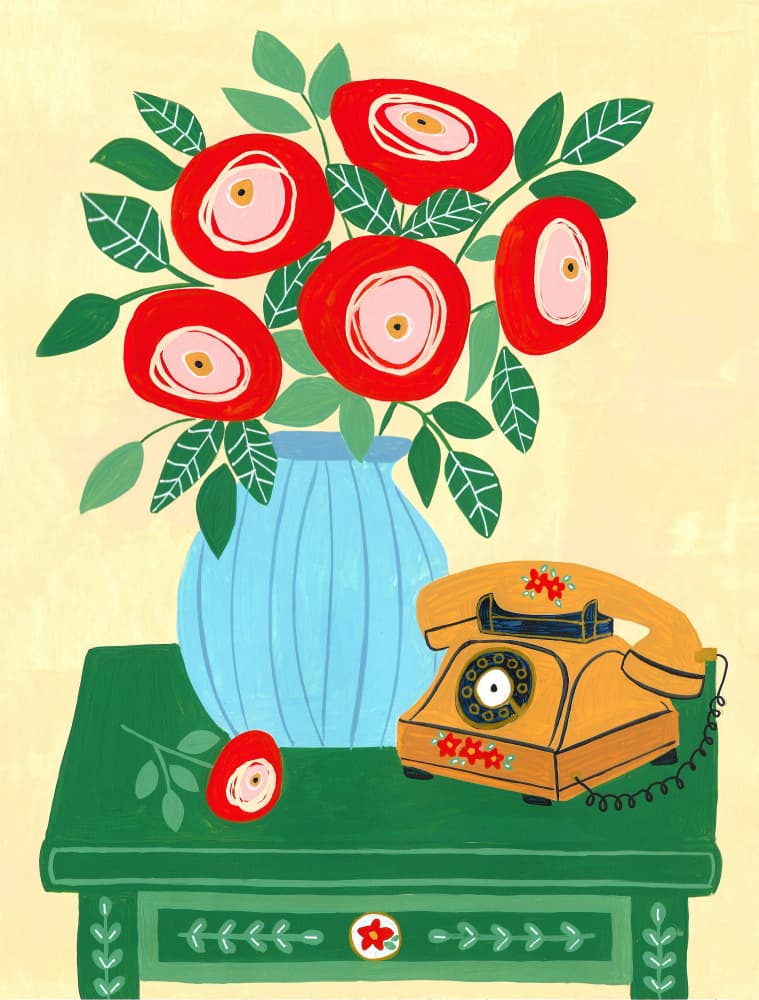 Red Flowers Orange Phone by Sara Coulter — canvas wall art