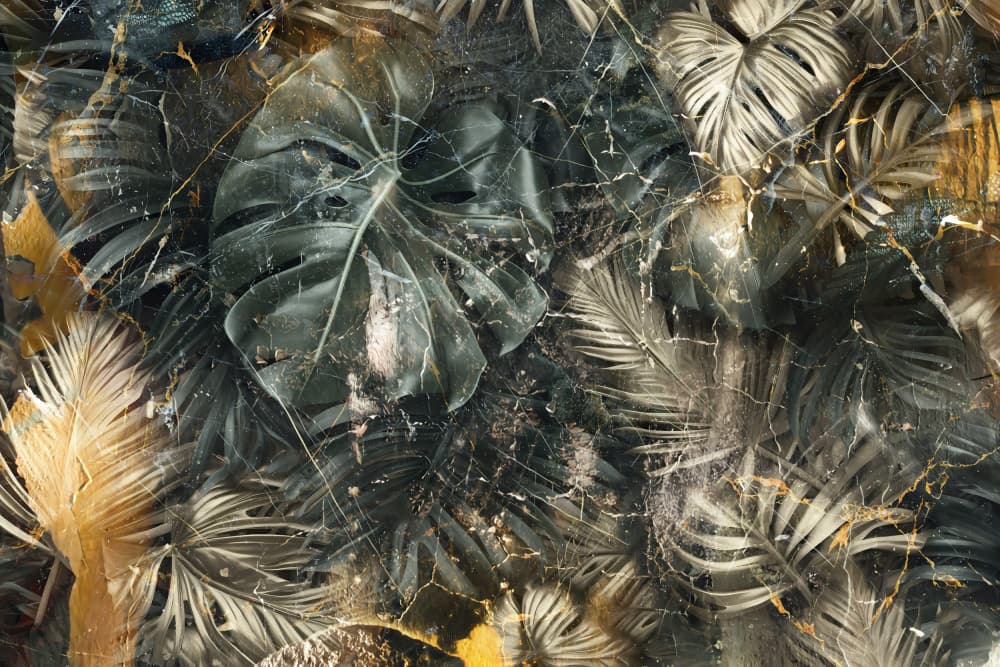 Moody Golden Tropical Leaves by Rafal Kulik — canvas wall art