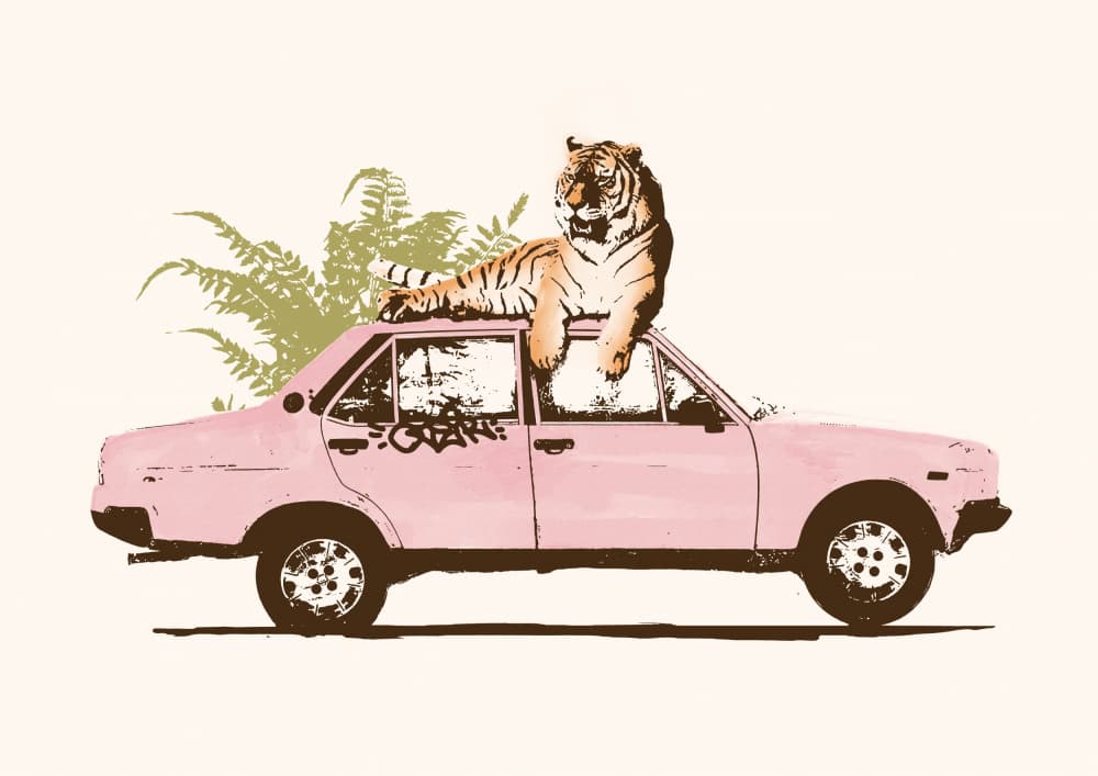 Tiger On Pink Car by Florent Bodart — canvas wall art