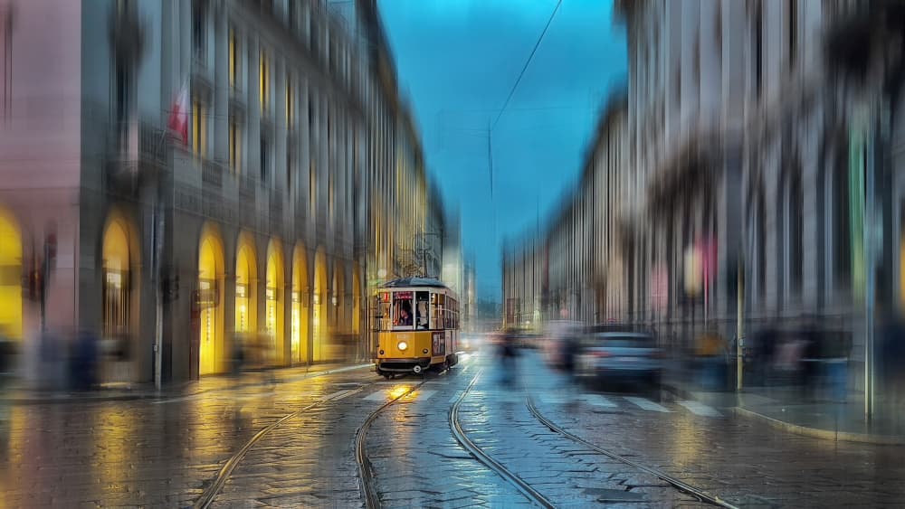 Rainy Evening City Tram by Chong Q. Wu — canvas wall art