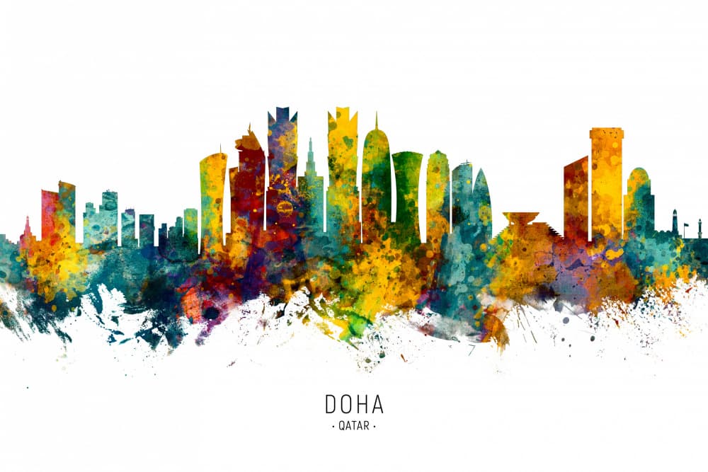 Colorful Doha Skyline by Michael Tompsett — canvas wall art