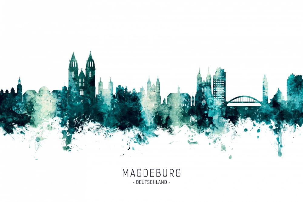 Magdeburg Teal Skyline by Michael Tompsett — canvas wall art