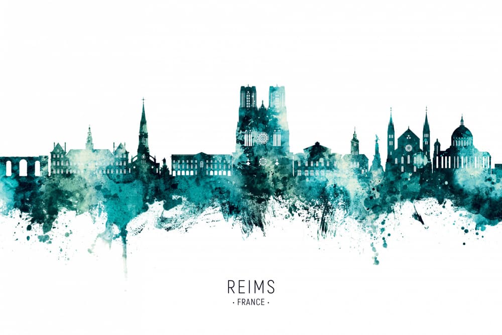 Reims Watercolor Skyline by Michael Tompsett — canvas wall art