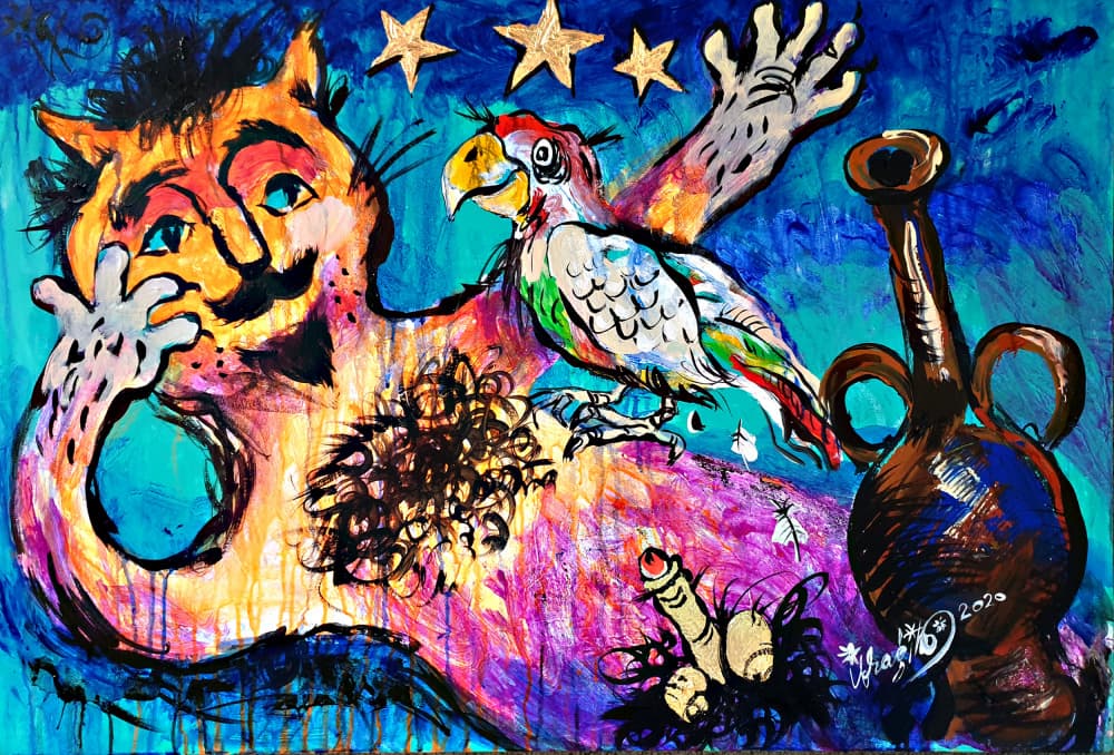 Surreal Cat and Parrot by Kanat Ibragimov — canvas wall art
