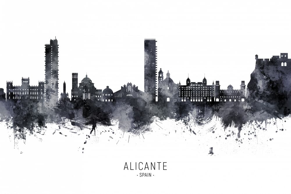 Alicante Watercolor Skyline by Michael Tompsett — canvas wall art