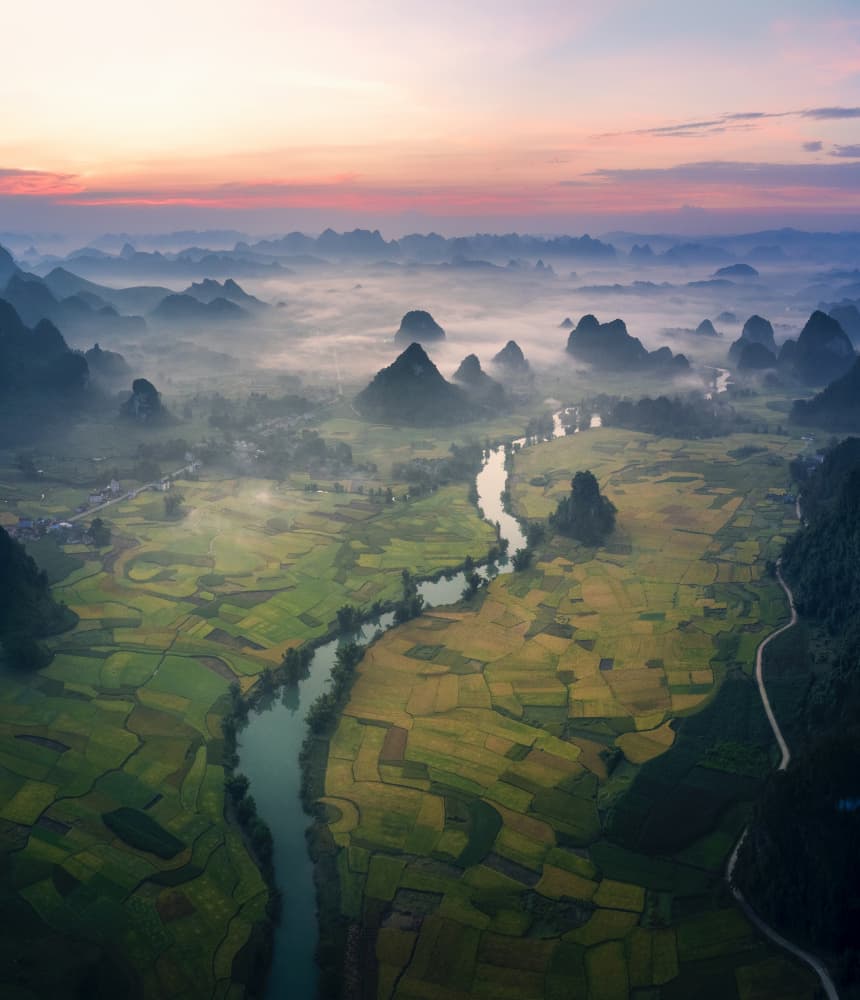 Misty Mountains Sunrise by Nguyen Tan Tuan — canvas wall art