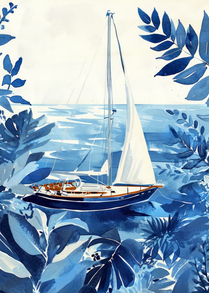 Blue Tropical Sailboat by Justyna Jaszke — canvas wall art