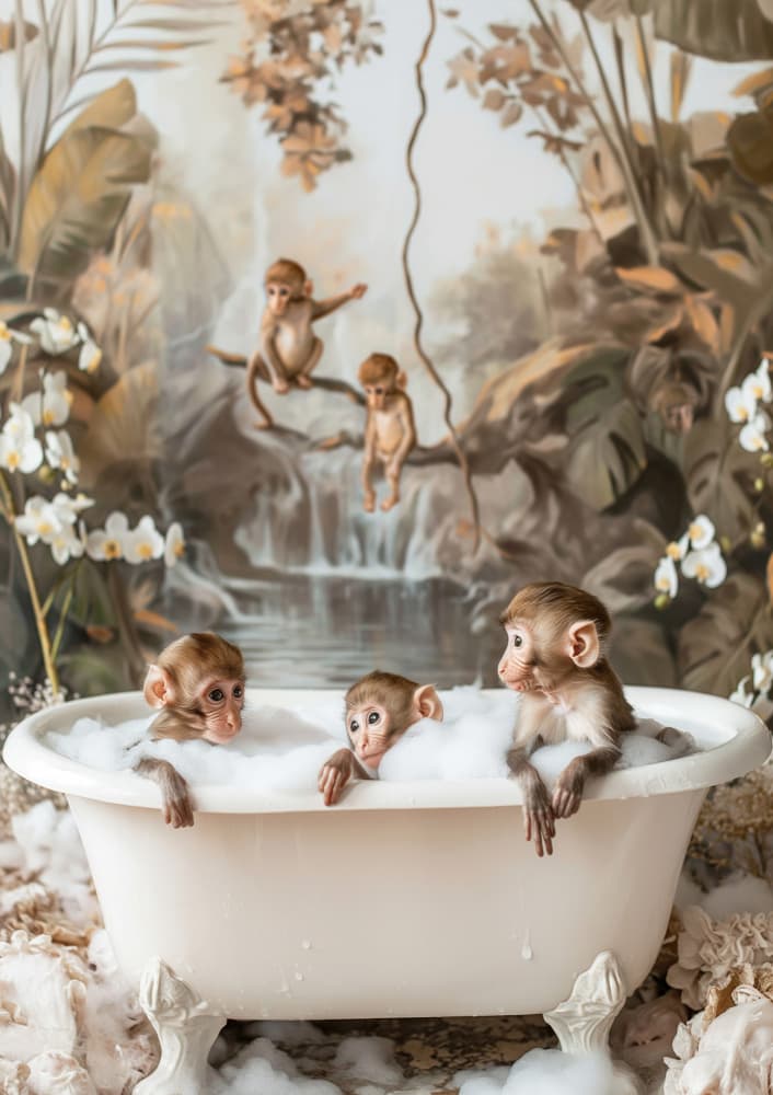 Baby Monkeys Bath Time by Niky Rahner — canvas wall art