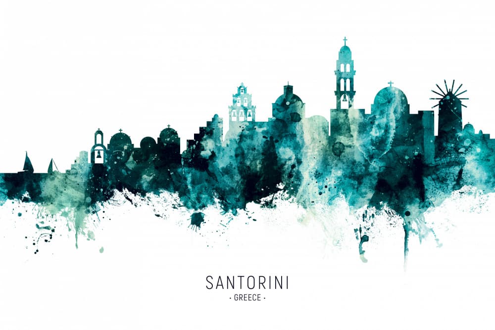 Santorini Watercolor Skyline by Michael Tompsett — canvas wall art