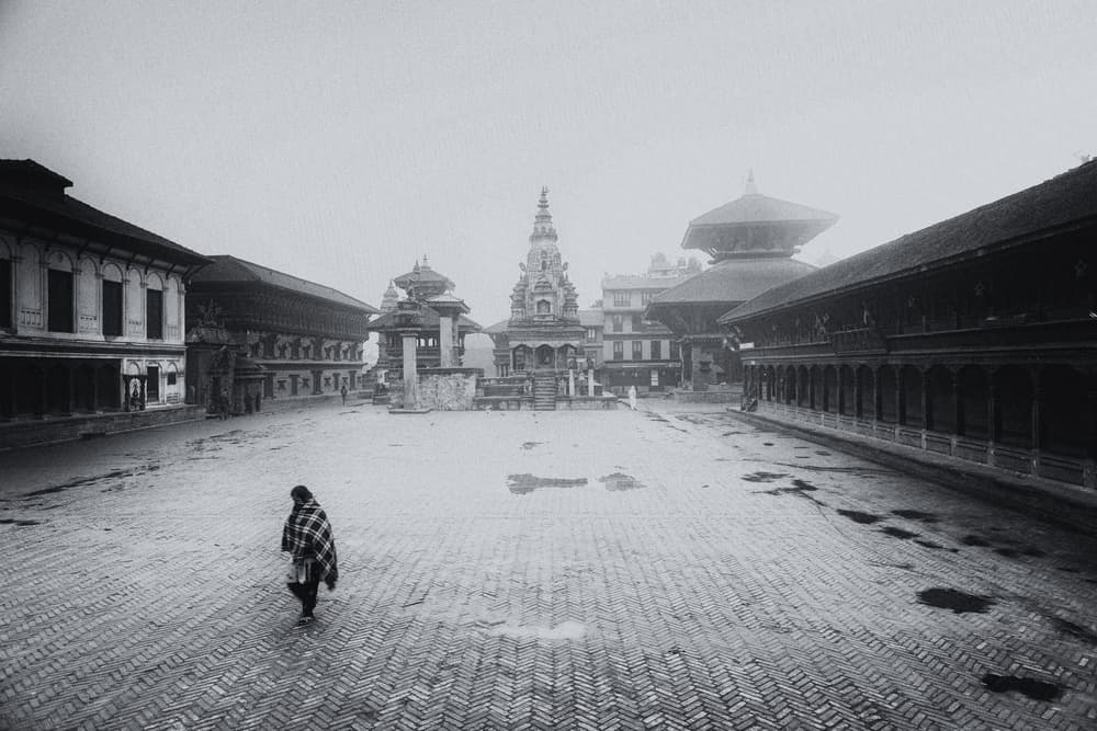 Lone Figure Misty Plaza by Thomas Siegel — canvas wall art