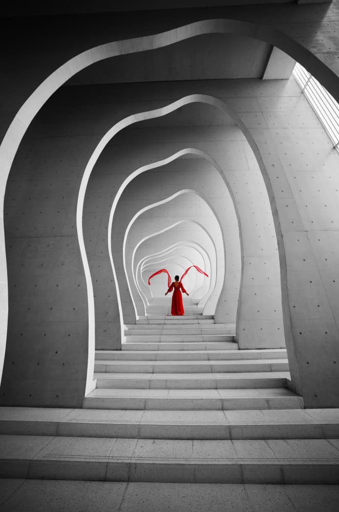 Red Figure in Abstract Arches by konglingming — canvas wall art