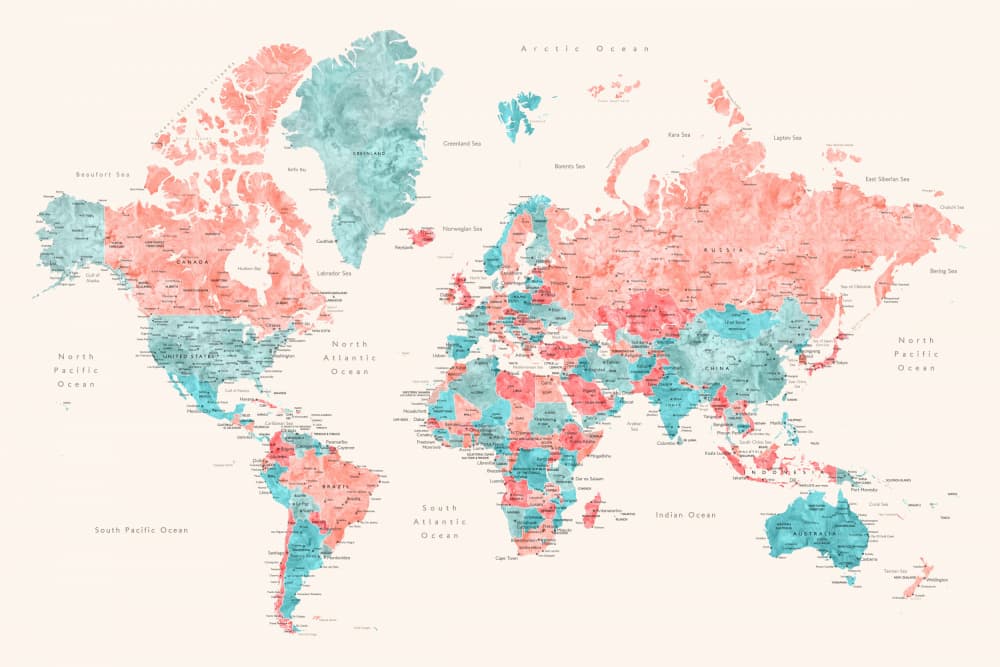 Watercolor World Map by Rosana Laiz Blursbyai — canvas wall art