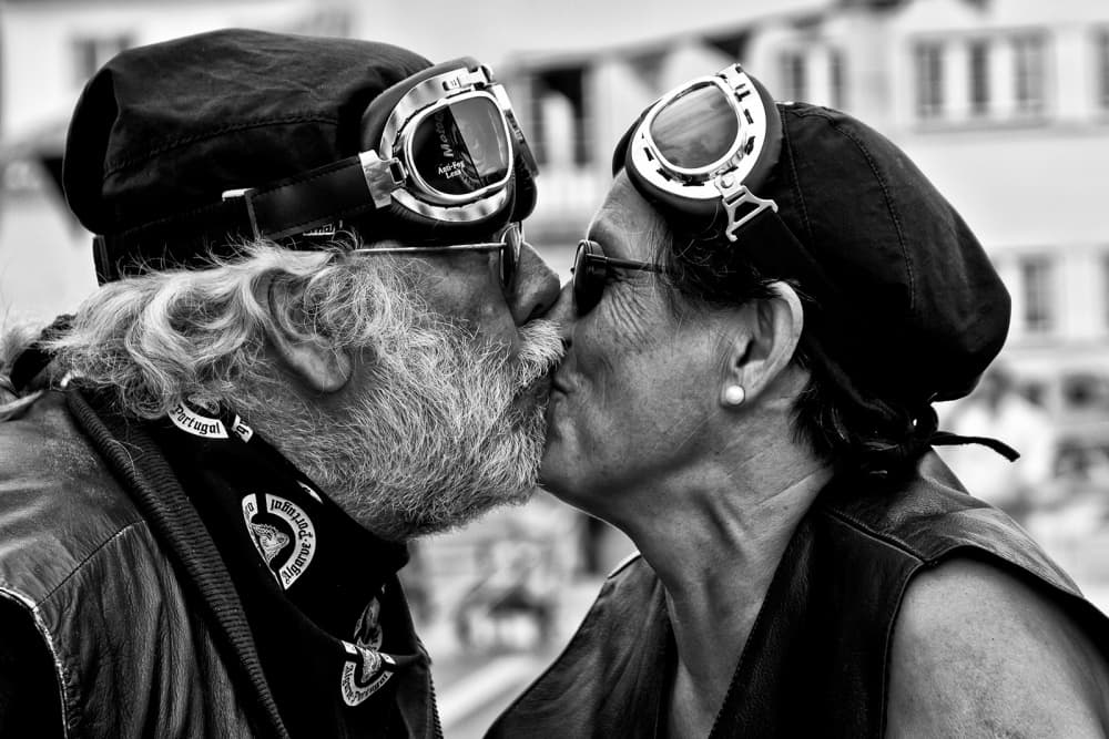 Biker Couple Kiss by Luis Sarmento — canvas wall art