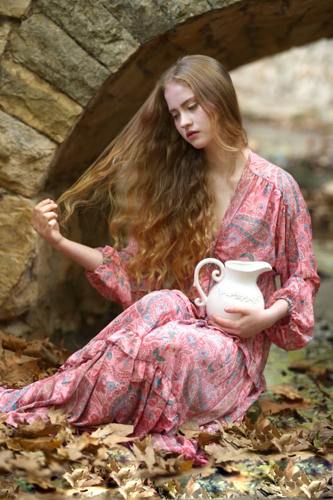 Dreamy Girl Autumn Leaves by Offer Ellbogen — canvas wall art