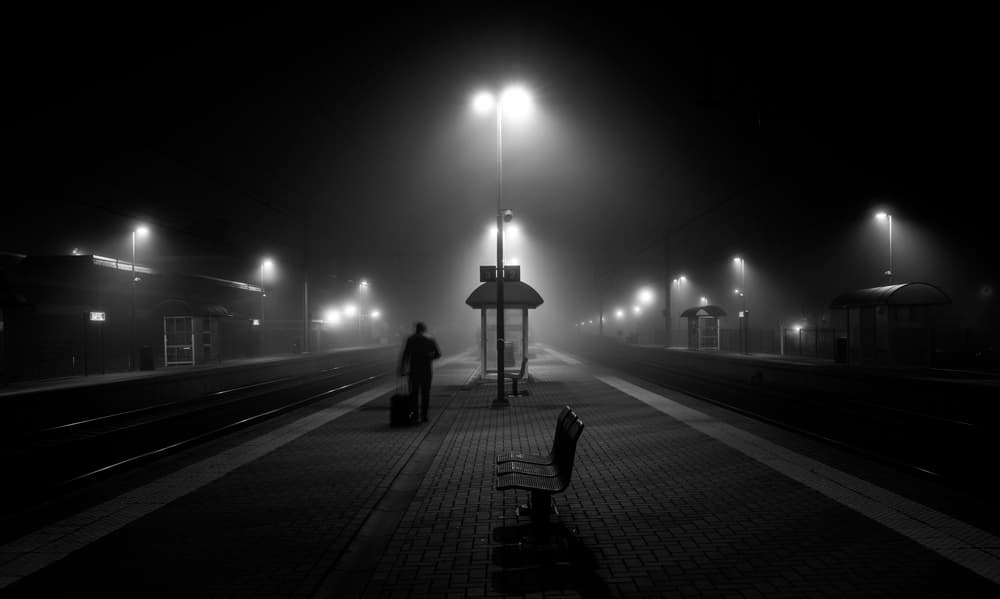 Misty Night Train Station by Maurits De Groen — canvas wall art