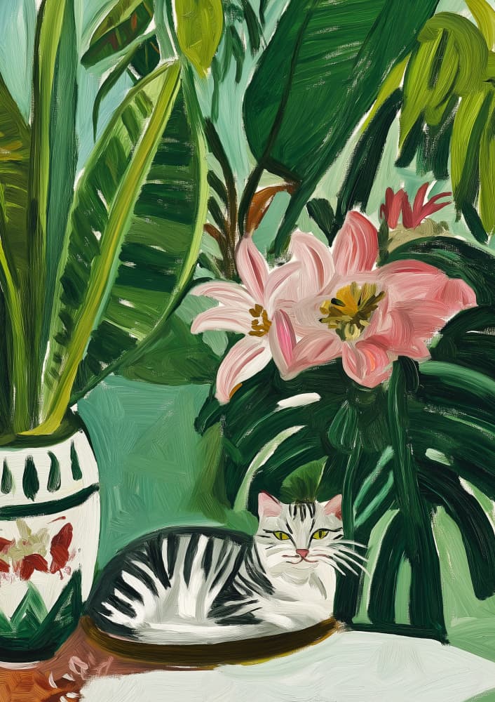 Tropical Cat and Flowers