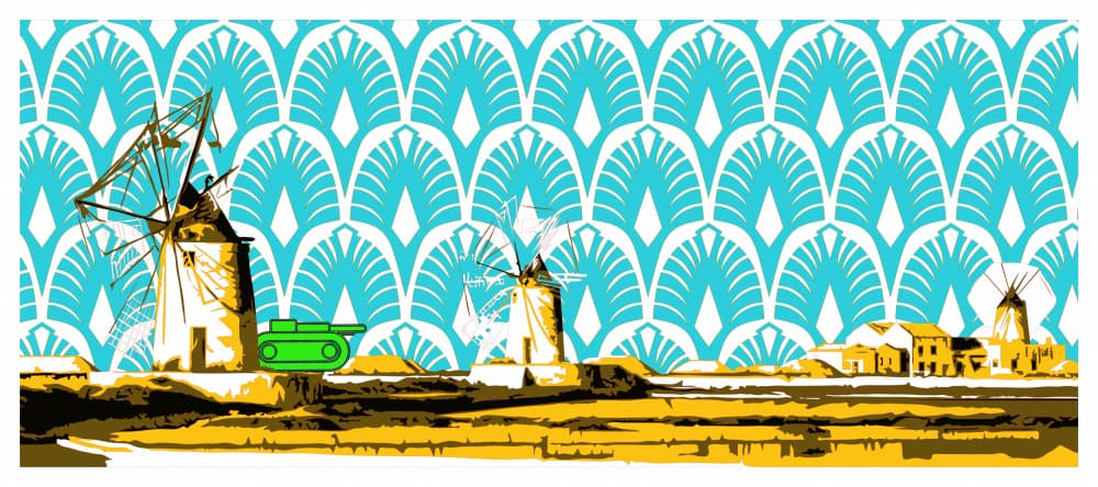Windmills and Green Tank by andrea de ranieri — canvas wall art