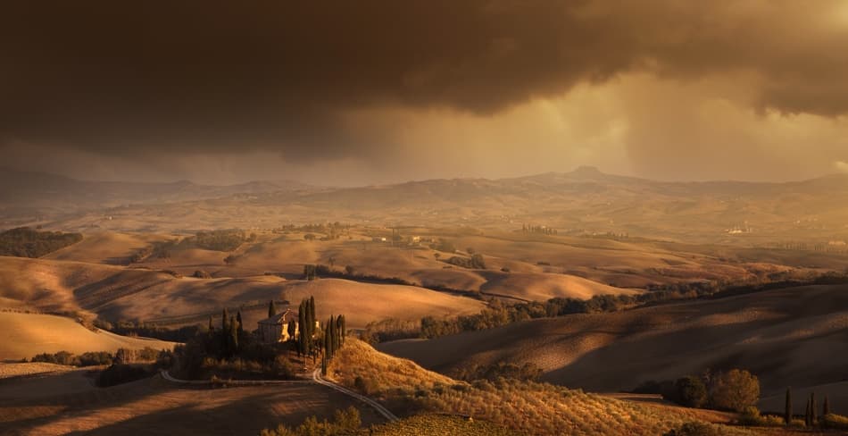 Tuscan Farmhouse Golden Light by Nicolas Schumacher — canvas wall art