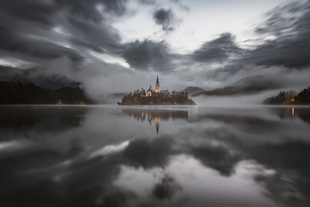 Foggy Island Church Reflection by Ivo Mateju — canvas wall art