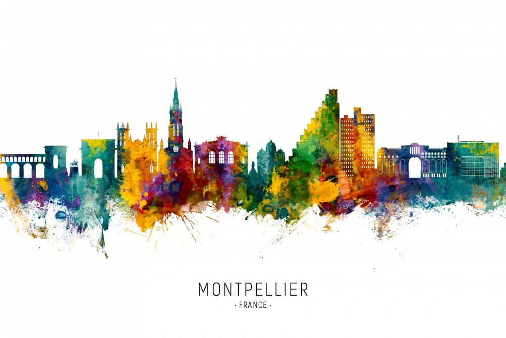 Montpellier Watercolor Skyline by Michael Tompsett — canvas wall art