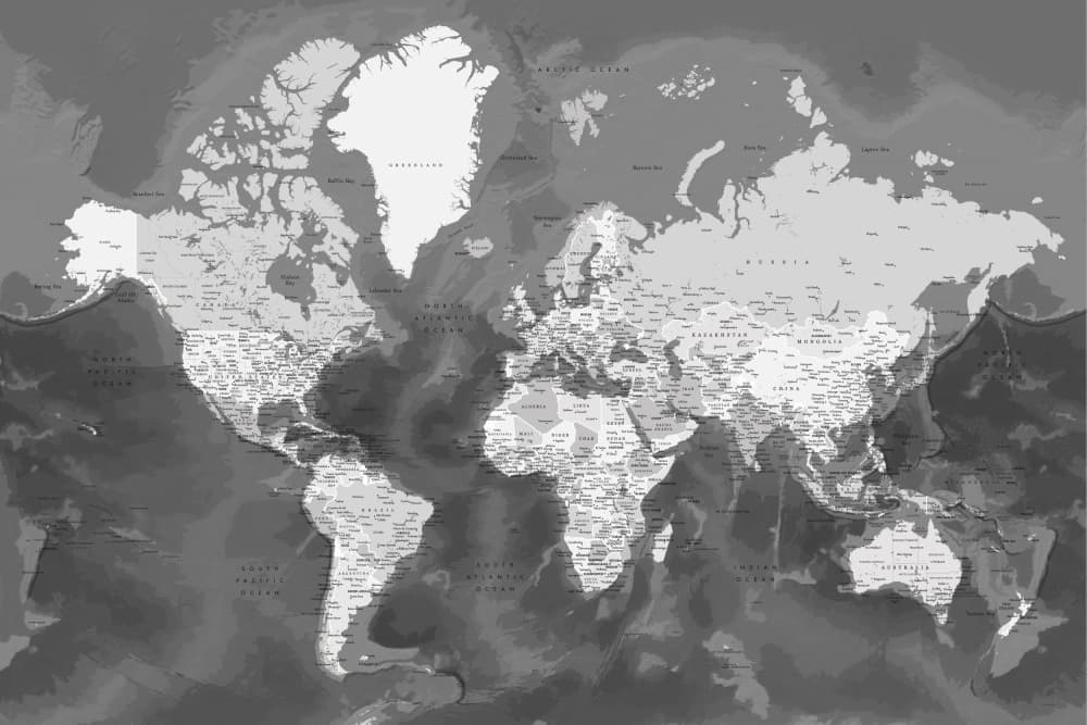 Detailed Grayscale World Map by Rosana Laiz Blursbyai — canvas wall art