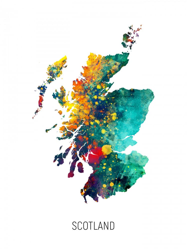 Vibrant Scotland Watercolor Map by Michael Tompsett — canvas wall art