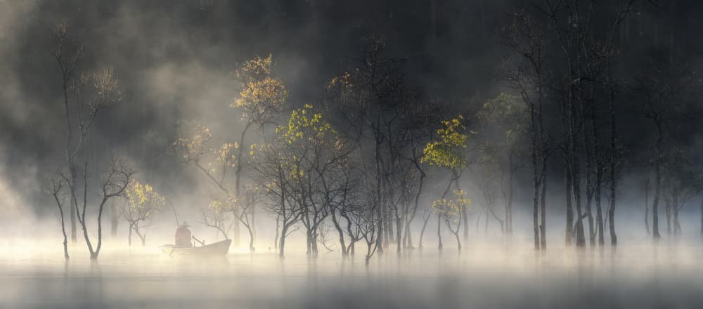 Boat In Misty Lake by Nguyen Tan Tuan — canvas wall art