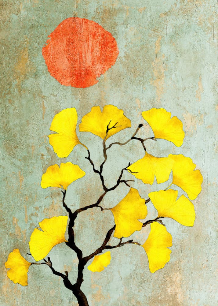 Golden Ginkgo Red Sun by Justyna Jaszke — canvas wall art