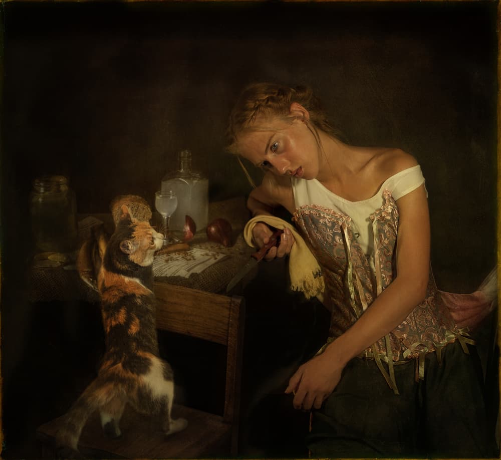 Pensive Woman And Curious Cat by Svetlana Melik-Nubarova — canvas wall art