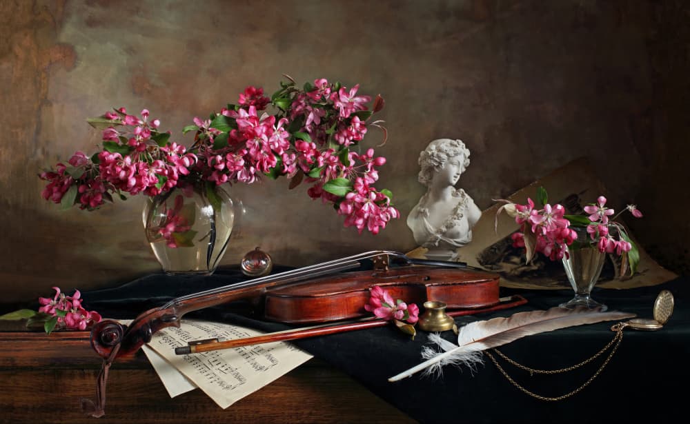 Violin Still Life With Blossoms by Andrey Morozov — canvas wall art