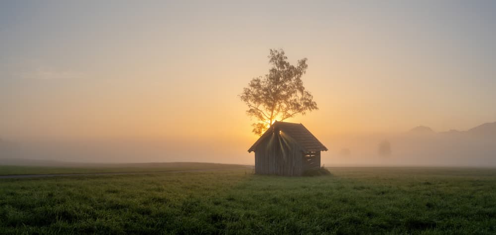 Misty Cabin Sunrise by Norbert Maier — canvas wall art