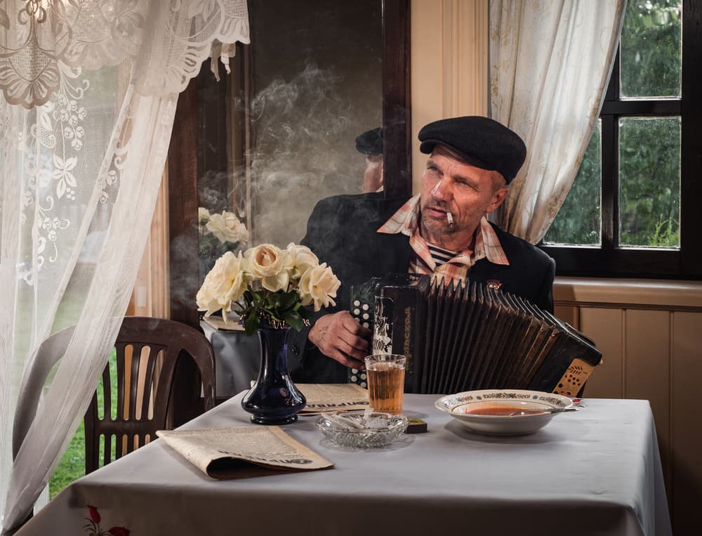 Rustic Musician Smoking by Viktor Cherkasov — canvas wall art