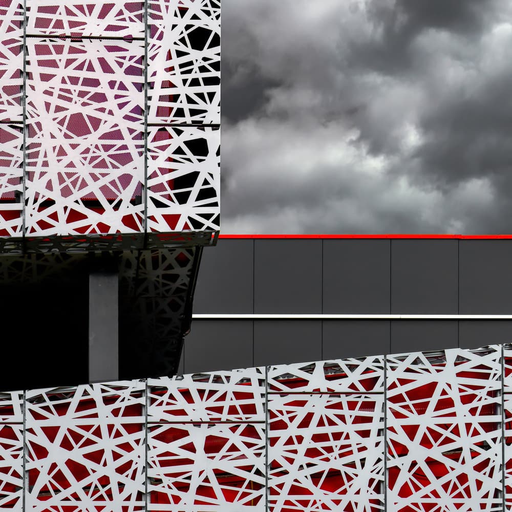 Geometric Red Architecture by Luc Vangindertael (laGrange) — canvas wall art