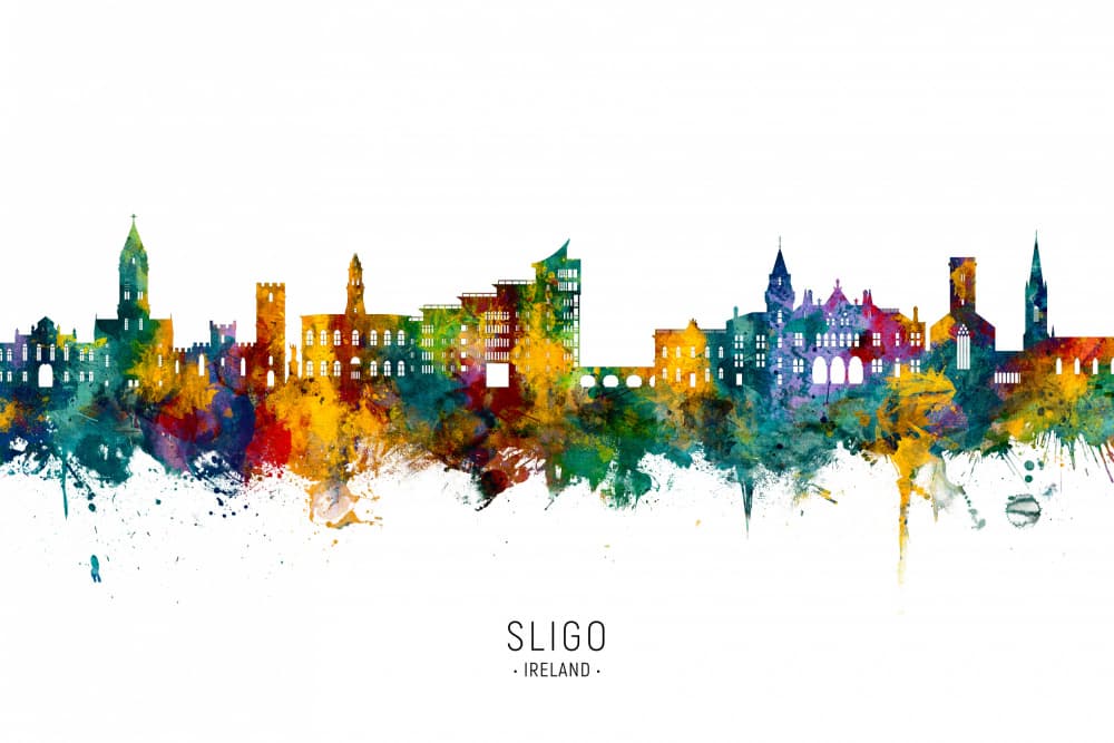 Vibrant Sligo Watercolor Skyline by Michael Tompsett — canvas wall art