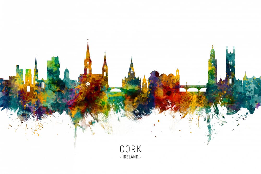 Cork Ireland Watercolor Skyline by Michael Tompsett — canvas wall art
