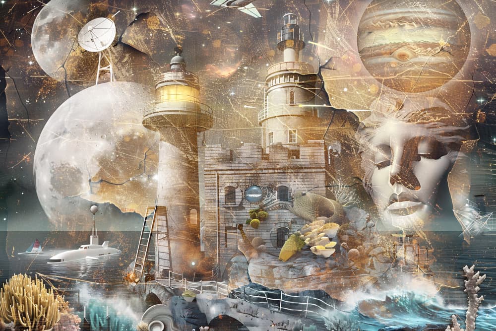 Cosmic Ocean Lighthouses by Rafal Kulik — canvas wall art