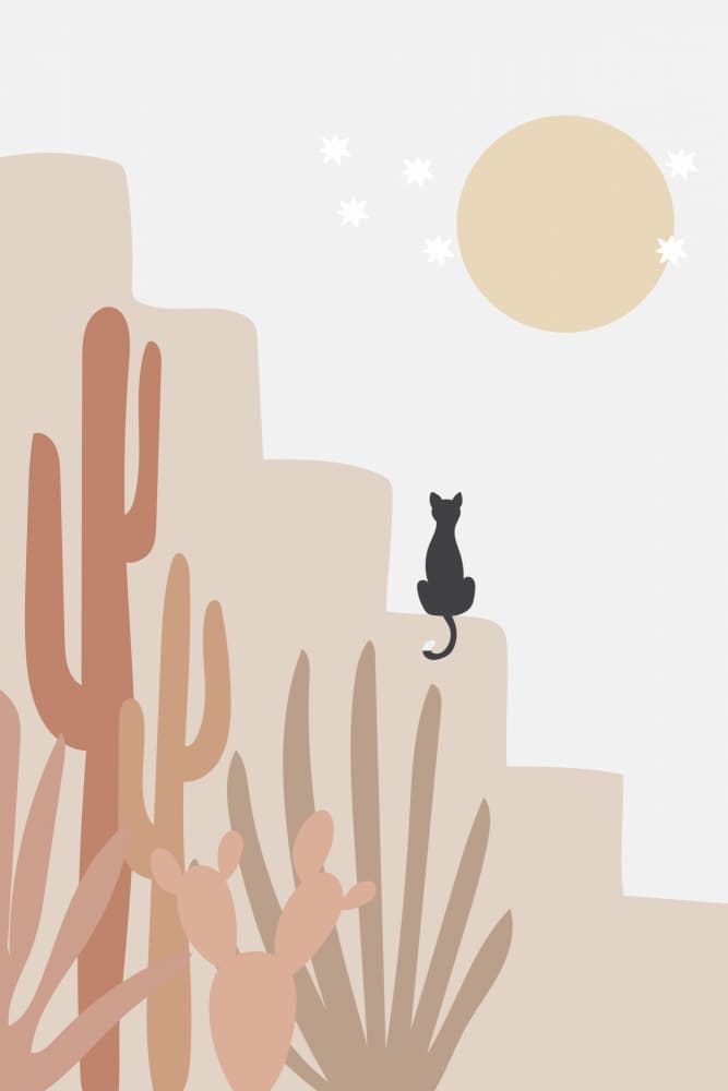 Cat Under Desert Moon by Melloi Art Prints — canvas wall art