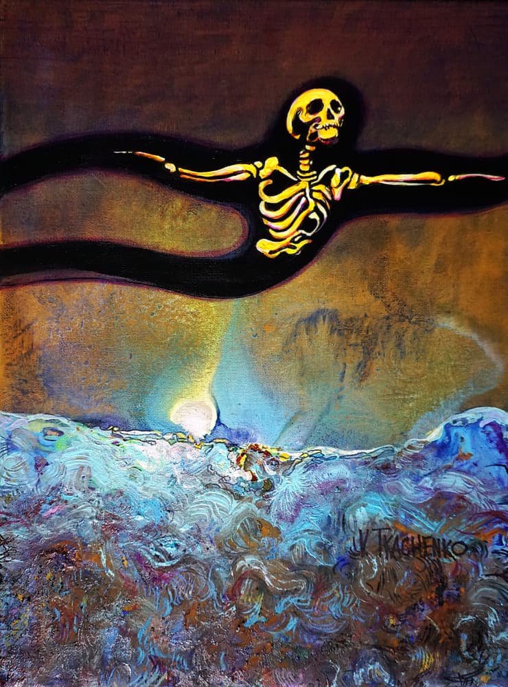 Glowing Skeleton Over Waves by Victor Tkachenko — canvas wall art