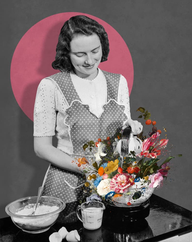 Whimsical Kitchen Flowers by Marja van den Hurk — canvas wall art