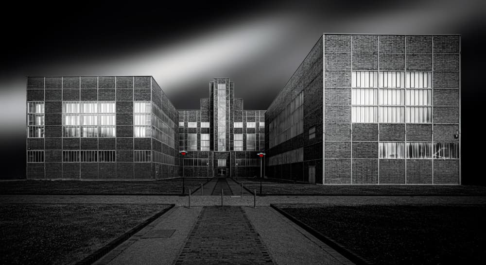 Stark Modern Building Night by Roland M Schwerdtfeger — canvas wall art