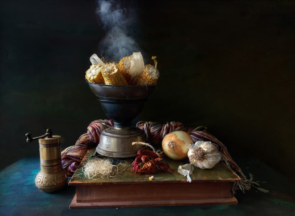 Steaming Corn Still Life by Emine Basa — canvas wall art
