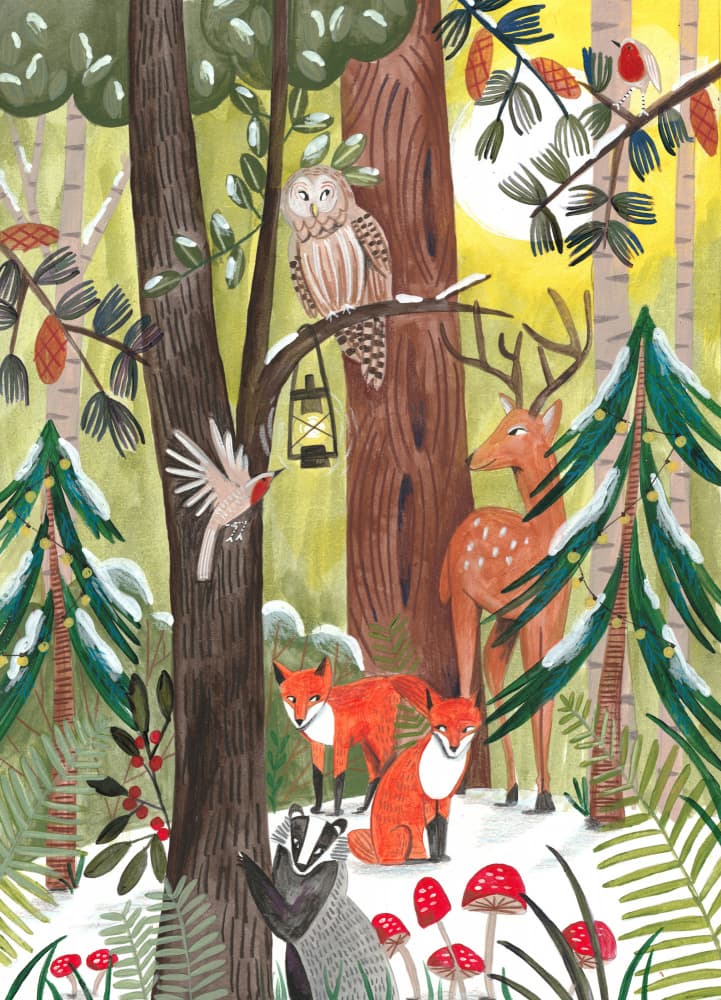 Green Christmas forest with animals by Caroline Bonne Müller — canvas wall art