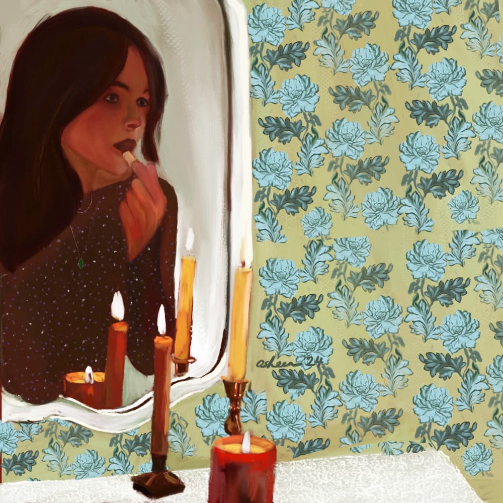 Woman's Candlelit Reflection by Osheensgallery — canvas wall art