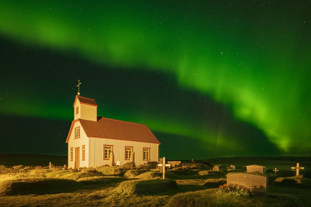 Northern Lights Church by Rudy Mareel — canvas wall art