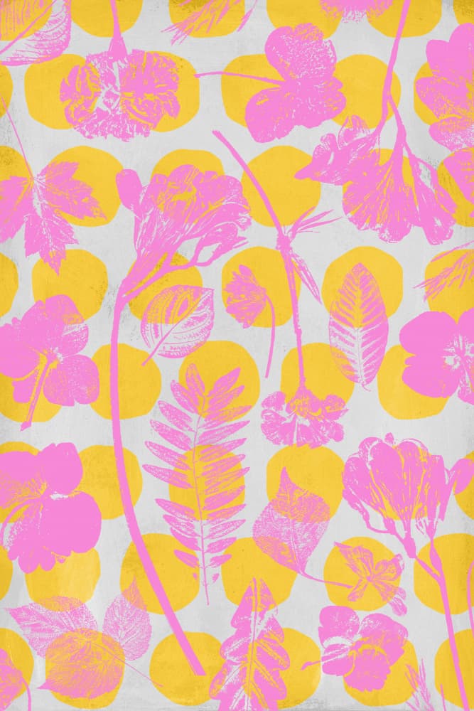 Pink Blooms Yellow Dots by Treechild — canvas wall art