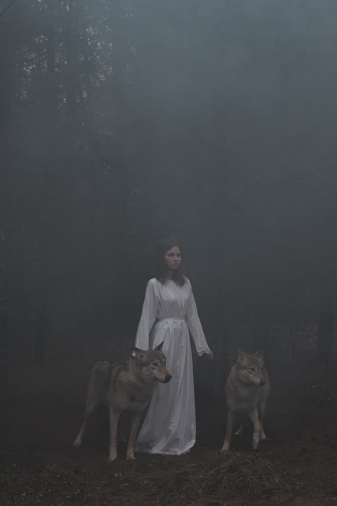Mysterious Woman and Wolves by Olga Barantseva — canvas wall art