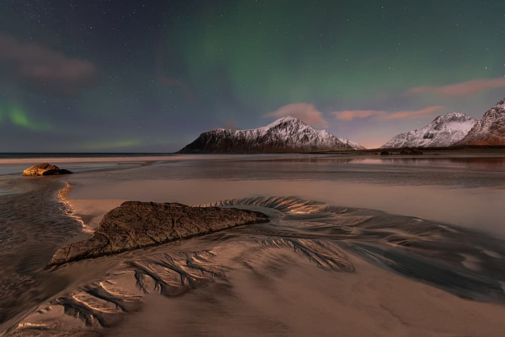 Aurora Over Snowy Beach by Haim Rosenfeld — canvas wall art