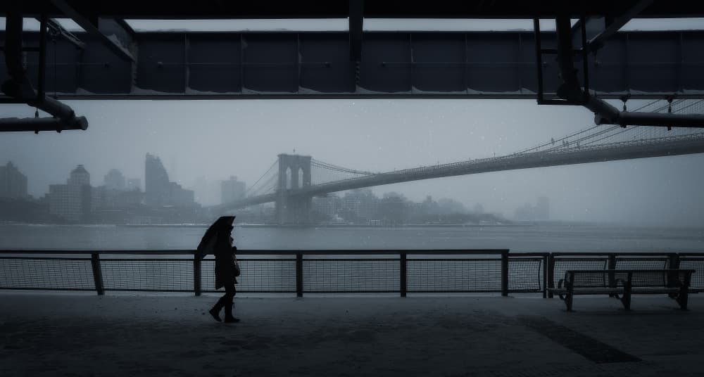 Misty Brooklyn Bridge Walk by Javier de la Torre — canvas wall art