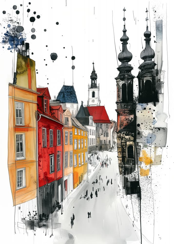 Colorful Old Town Street by Justyna Jaszke — canvas wall art