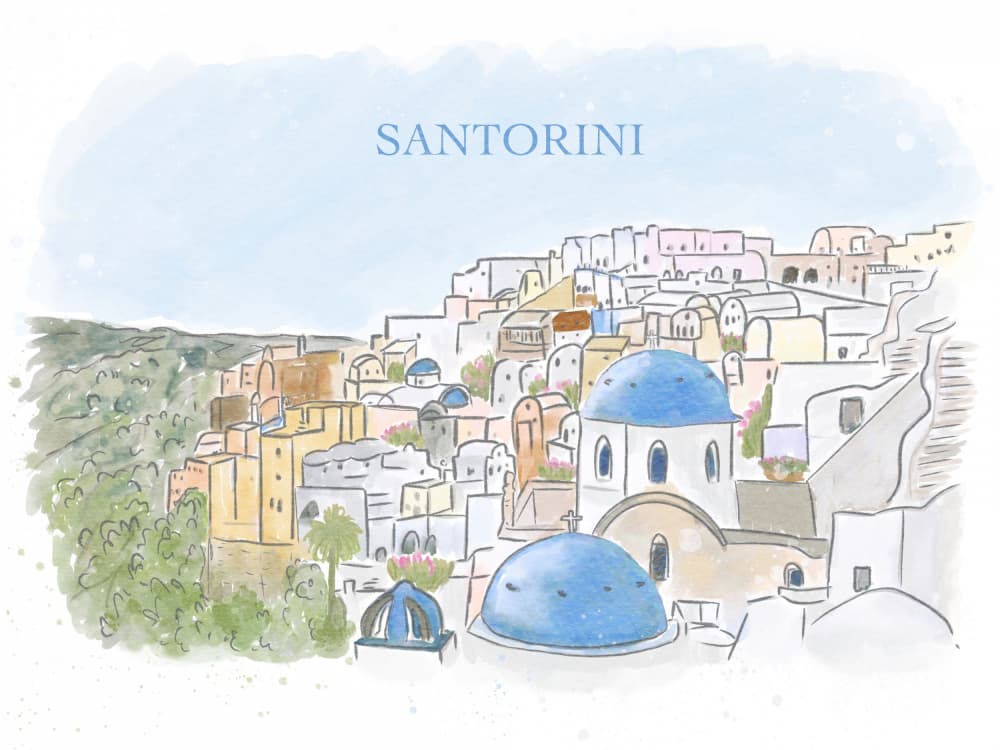Santorini Blue Domes Watercolor by Aliya Putrus — canvas wall art